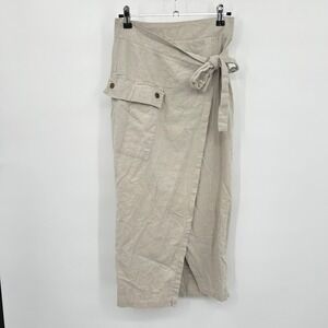 Linen Blend Wrap Midi Skirt XS Oatmeal Cargo Pocket Coastal Boho‎ Neutral